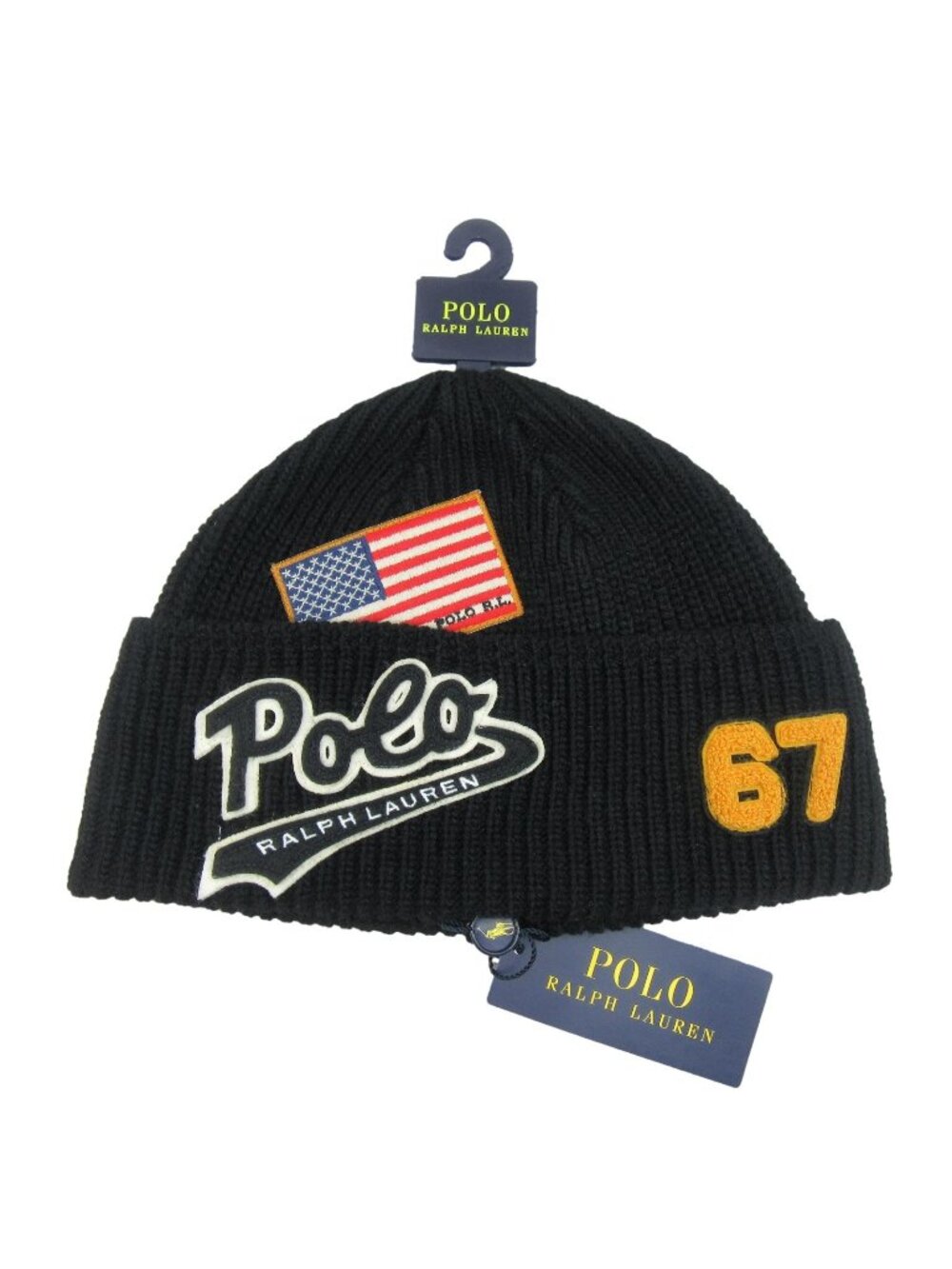 Polo Ralph Lauren Patch Varsity USA Flag 67 Black Skull Beanie Cap One Size NEW